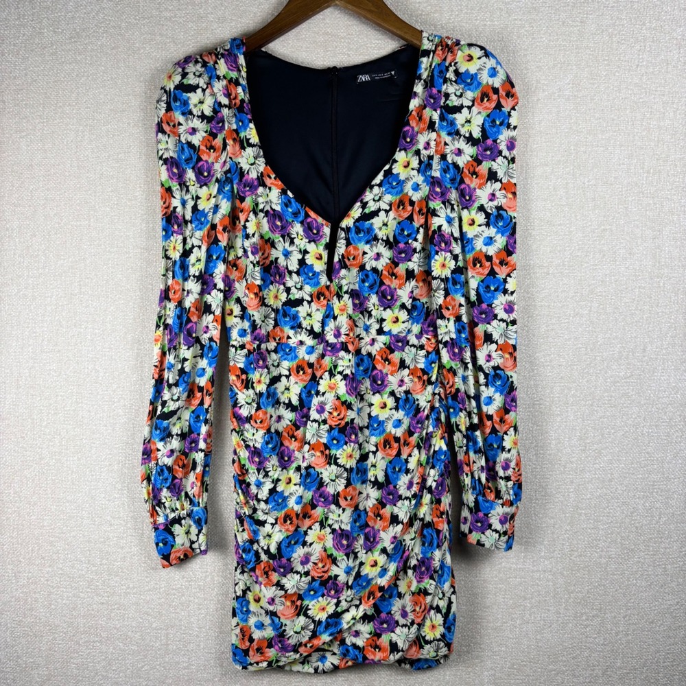 Zara Womens Floral Mini Dress Long Sleeve Ruched Back V-Neck Multi-Color Small